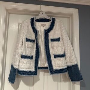 Cute, stylish jean jacket, white with silver flecks, nanette, size large